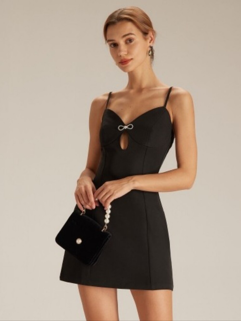 RIHOAS Black Mini Dress with Rhinestone Bow